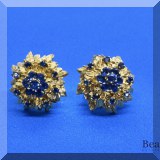 J012. 14K yellow gold earrings with 30 blue stones. 1” - $875 